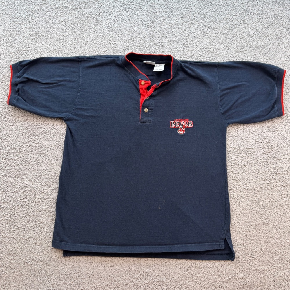 Vintage 1997 Cleveland Indians Pro Edge Henley Polo Shirt Chief Wahoo Navy Men M